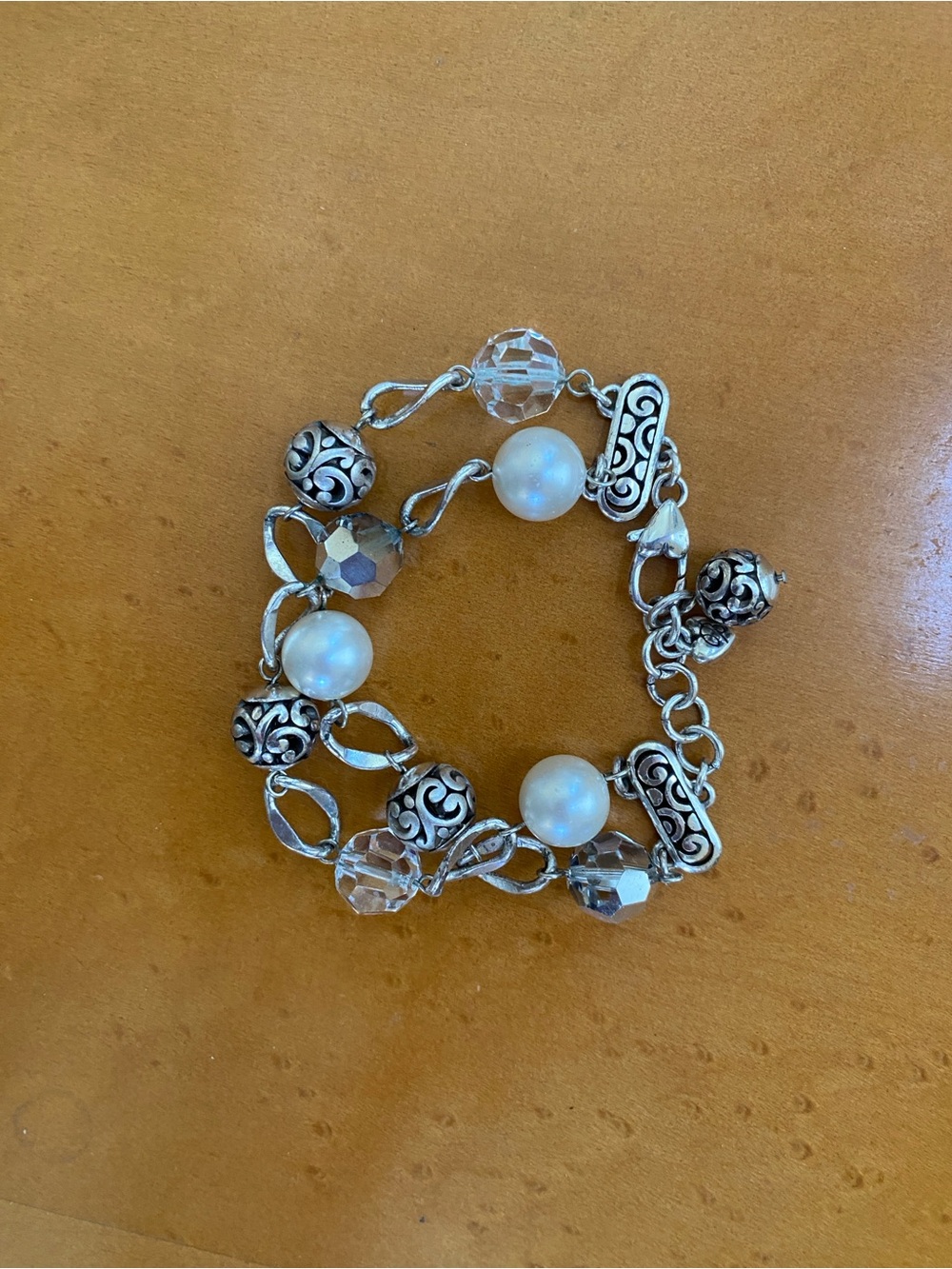 Brighton Silver-Tone Bracelet with White Pearls & Clear Crystal Beads